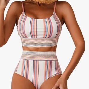 Womens 2 Piece Swimsuit L White Stripped High Waist Tummy Control Full Coverage